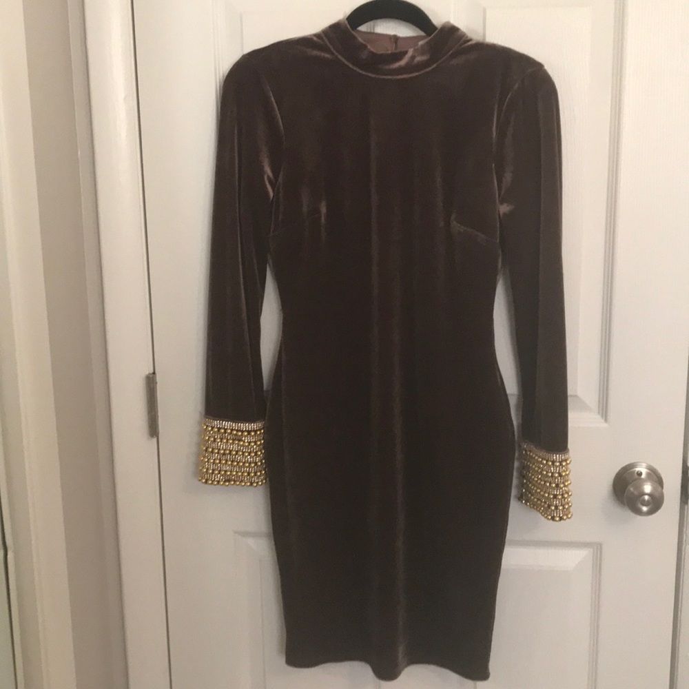 Velvet Long Sleeve dress with gold beaded cuffs